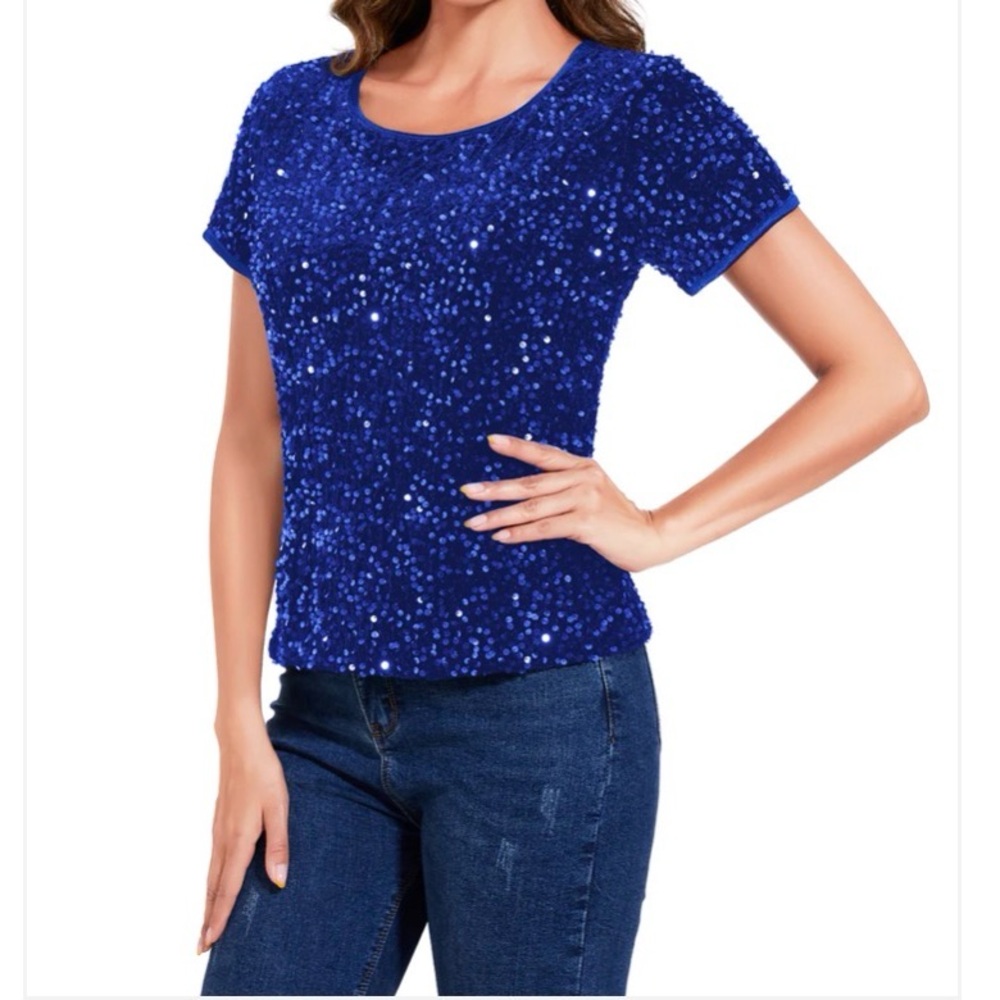 NWT Anna Kaci Royal Blue Sparkly Sequin Shirt Size Small